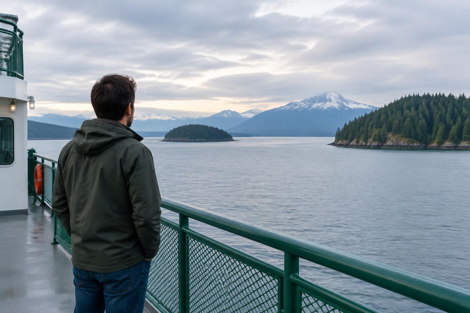 A man on a Washington State ferry crossing Puget Sound toward evergreen islands